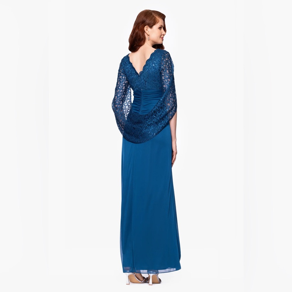 Betsy & Adam Teal Lace Cape Sleeve Ruched Chiffon Gown SZ 12 NWT Modest MOB GALA - Picture 3 of 7